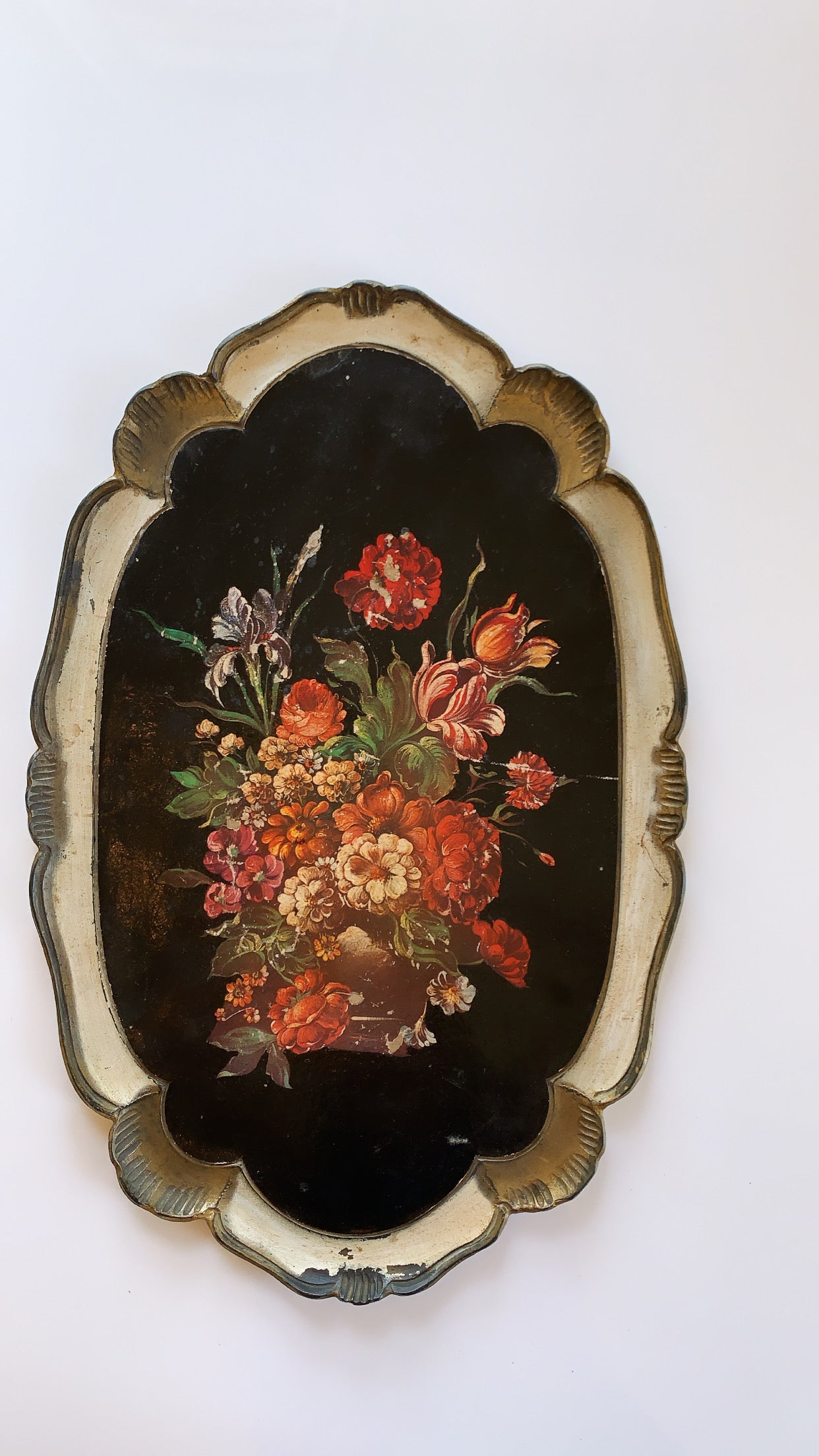 Vintage Florentine Tray in Cream and Black with Floral Still Life